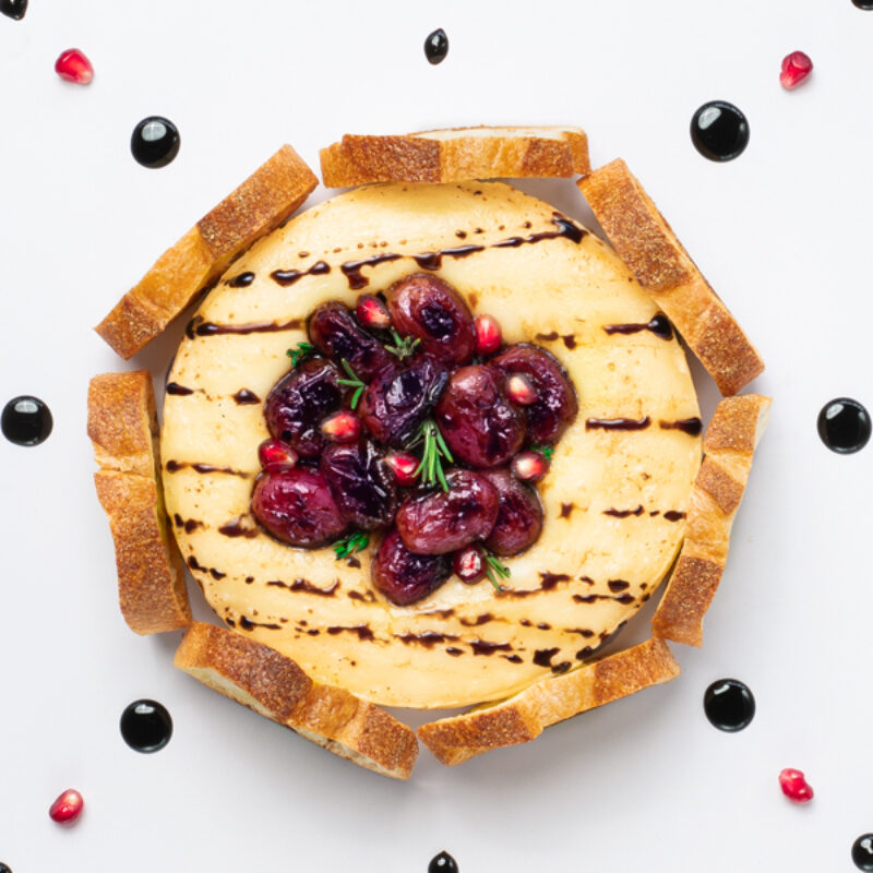 Baked Brie Crostini with Roasted Balsamic Grapes & Rosemary