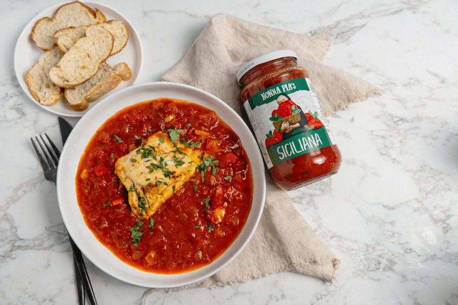 One-Pan Cod in Tomato Sauce with Peppers and Onion recipe