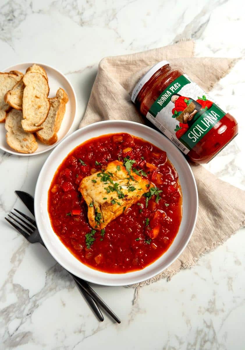 One-Pan Cod in Tomato Sauce with Peppers and Onion recipe